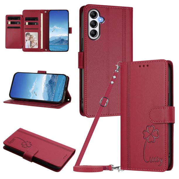 Funda Cartera Trébol para Samsung Galaxy A35 5G con Ranuras Tarjetas y Carga Inalámbrica Rojo