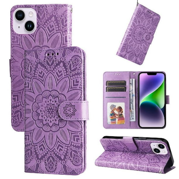 Funda tipo cartera FOXDOCK para iPhone 15 Plus , diseño girasol en relieve, cuero PU, cierre magnético, soporte y tarjetero