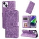 thumbnail image 1 of Funda tipo cartera FOXDOCK para iPhone 15 Plus , diseño girasol en relieve, cuero PU, cierre magnético, soporte y tarjetero, 1 of 5