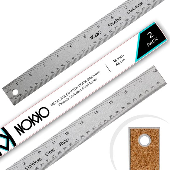 Regla metálica NOKKO de 45 cm con soporte de corcho, acero inoxidable, paquete de 2
