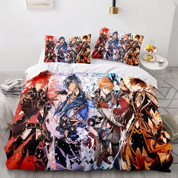 Genshi-n Im-pact D-uvet Cove-r Queen Size - Genshin- Impact- Printe-d Soft Microfi-ber Beddi-ng Set