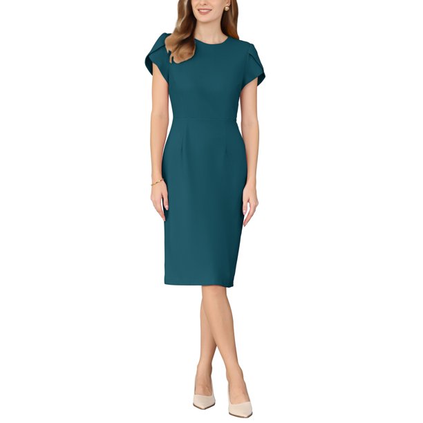 INSPIRE CHIC Vestido Formal de Trabajo para Mujer con Mangas de Pétalo 2025 Tendencia de Primavera Vestidos Ajustados a la Rodilla M Verde Lago