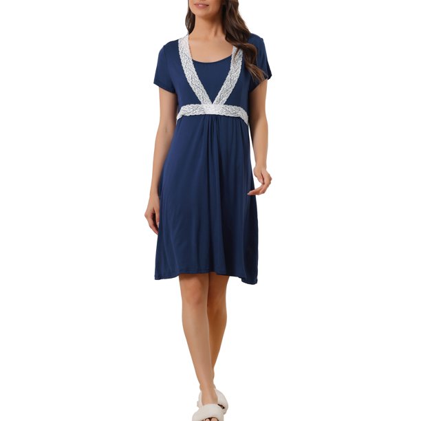 INSPIRE CHIC Camisón Suave de Manga Corta con Encaje para Mujer, Largo a la Rodilla, Camisa de Noche de Maternidad XS Azul Marino