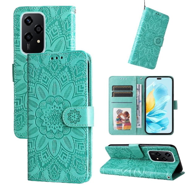 Funda tipo cartera FOXDOCK para Honor 200 Lite 5G , diseño girasol en relieve, cuero PU, cierre magnético, soporte y tarjetero