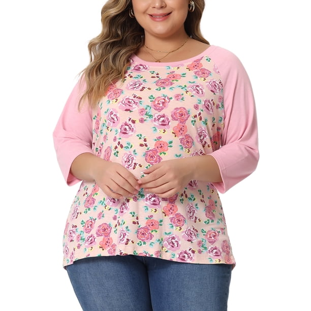 GRACIA Y GRANDEZA Disfraces de Halloween Blusa Floral para Mujer Tallas Grandes Cuello Redondo Manga 3/4 Raglán Top Campesino Casual 3X Rosa Claro
