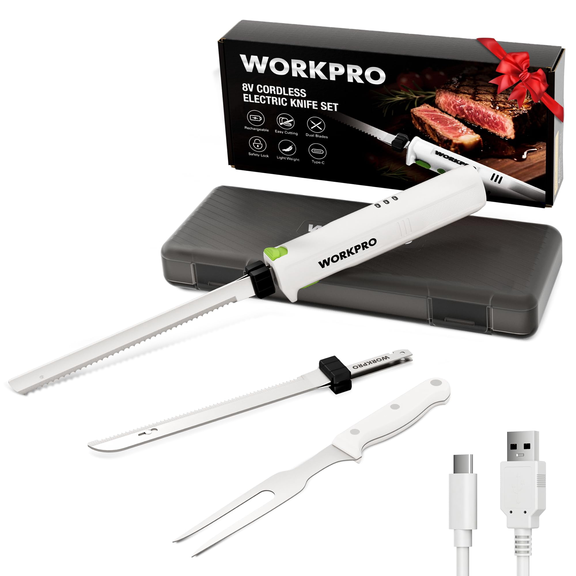 Cuchillo Eléctrico Workpro Para Rebanar Carne Con 2 Cuchillas, Color Blanco