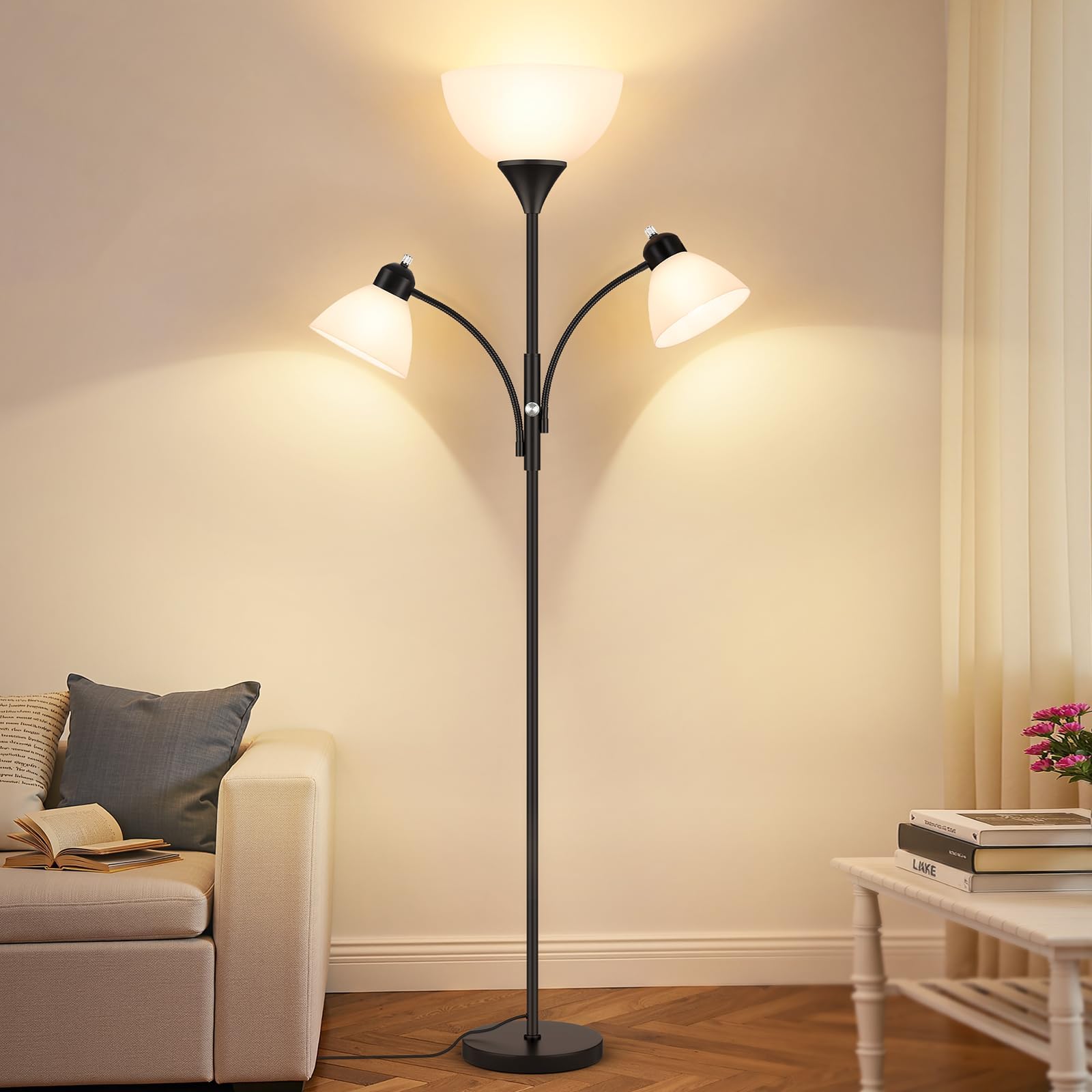 Lámpara De Pie Coucrek, 183 Cm, Regulable, 3 Luces, Color Negro