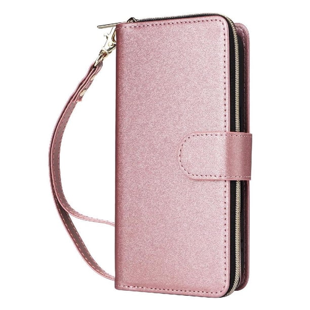 Funda Cartera con Cremallera y Correa para iPhone 15 Soporte y Tarjetero Oro rosa