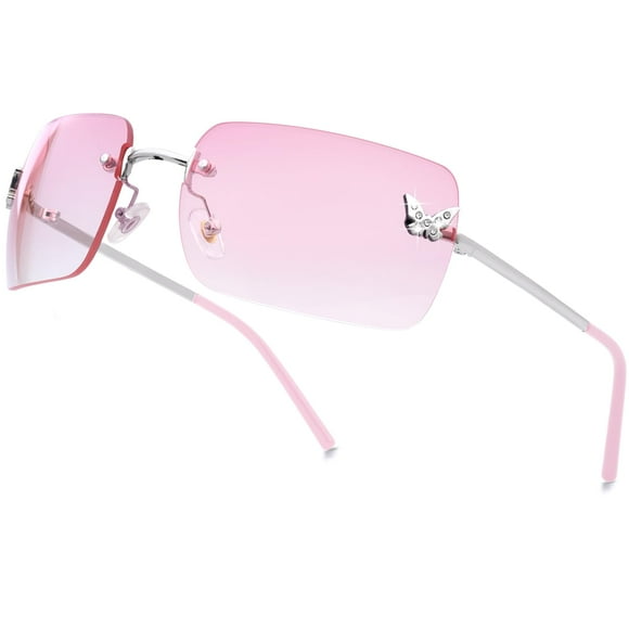 Gafas de sol knliwkm rectangulares sin montura Y2k con lente tintada rosa