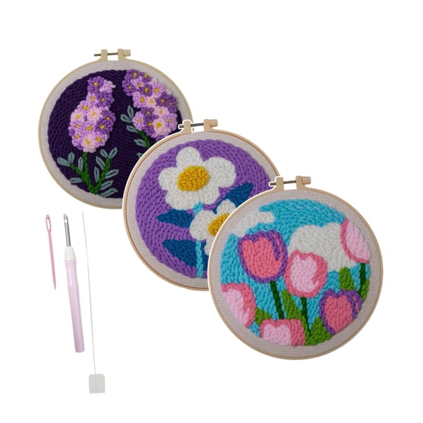 Kit de aguja de perforación kit de enganche de alfombra con aguja, rostro, tela, hilo, flor de bordado de flores de aro kit de costura para decoración Púrpura