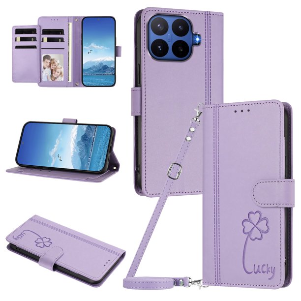 Funda Cartera Trébol para Xiaomi 17T Pro con Ranuras Tarjetas y Carga Inalámbrica Morado claro