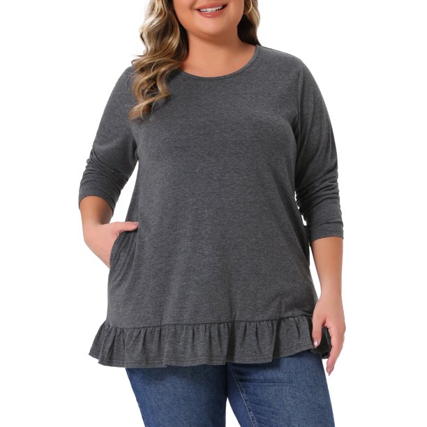 Agnes Orinda Túnicas Casuales de Talla Grande para Mujeres Cuello Redondo Manga Larga Dobladillo con Volantes Blusas Sueltas con Bolsillos Gris Oscuro 2X