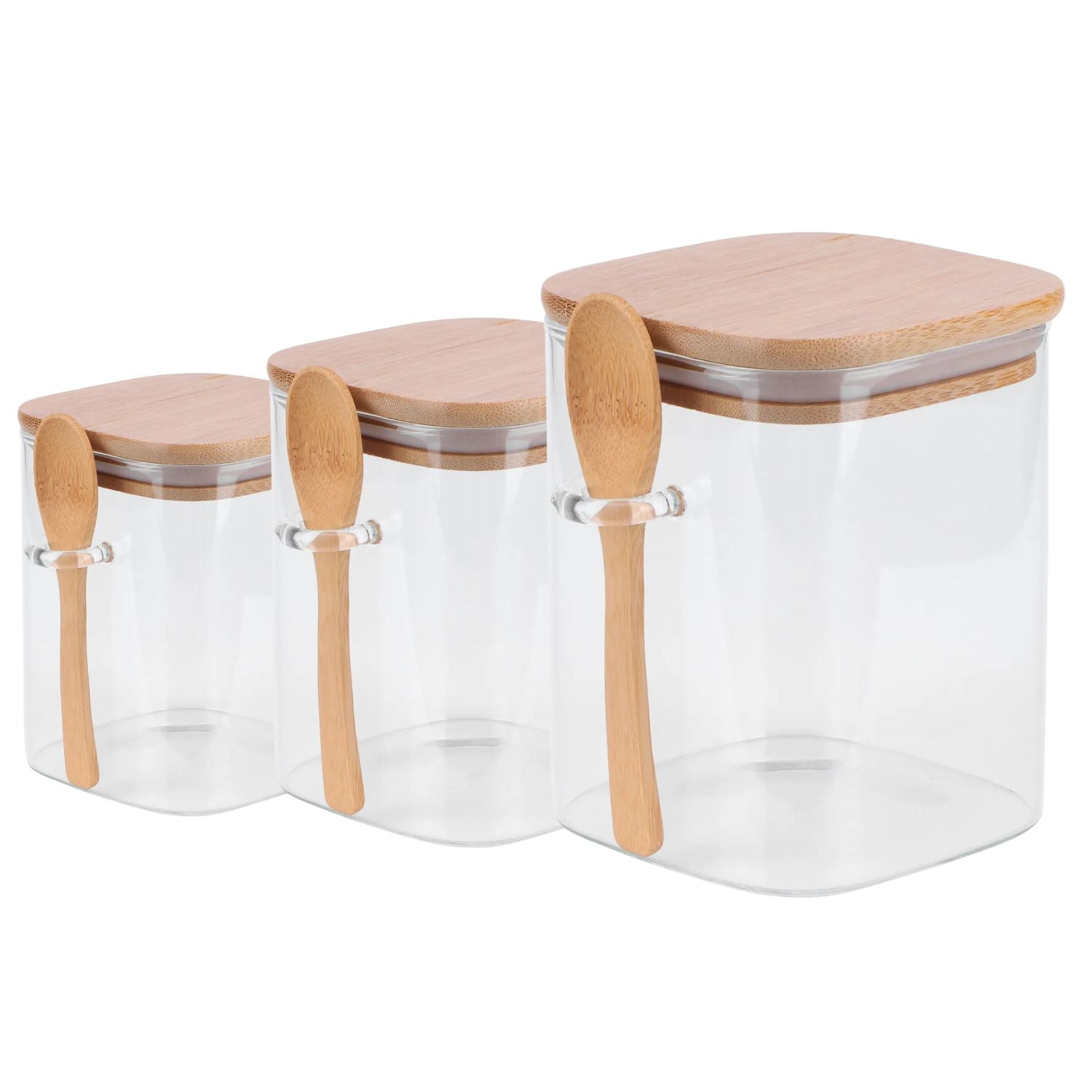 Disparo - Set 3 Frascos Tarros Cuadrado Vidrio Con Cuchara Bambú