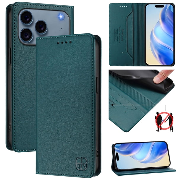 Funda Billetera con Soporte para iPhone 17 Pro Max Bloqueo RFID Plegable Verde oscuro