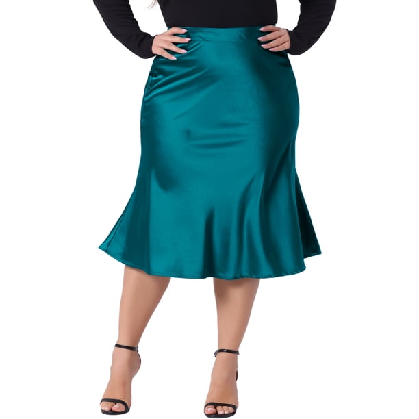 Agnes Orinda Conjuntos de Halloween para Mujeres Tallas Grandes Falda de Satén Sedosa de Escuela Universidad Cintura Alta con Cinturilla Elástica Oculta Falda Elegante Azul Pavo Real