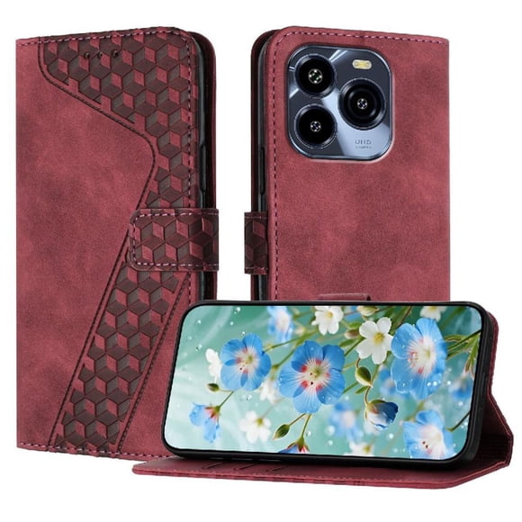 Funda tipo cartera para Oukitel C65 Pro con tarjetero, bolsillo para billetes, soporte, cierre magnético y correa para la muñeca, funda tipo folio con textura geométrica marrón