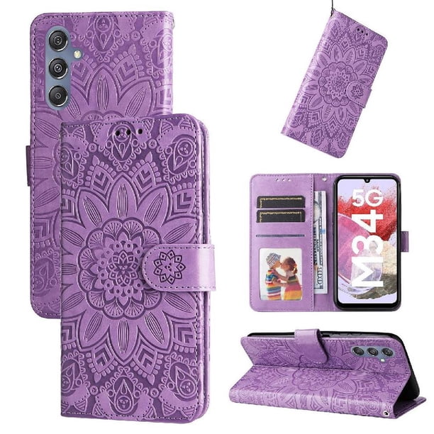 Funda tipo cartera FOXDOCK para Samsung Galaxy M34 5G , diseño girasol en relieve, cuero PU, cierre magnético, soporte y tarjetero