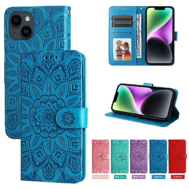 Funda tipo cartera FOXDOCK para iPhone 14 , diseño girasol en relieve, cuero PU, cierre magnético, soporte y tarjetero