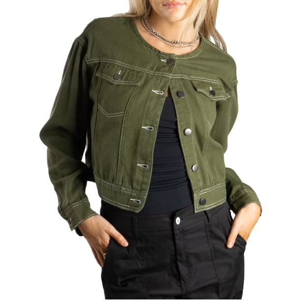 Jess por Meiko Chaqueta de Jean para Mujer Sin Cuello Manga Larga Mini Chaqueta de Mezclilla Recortada L Verde