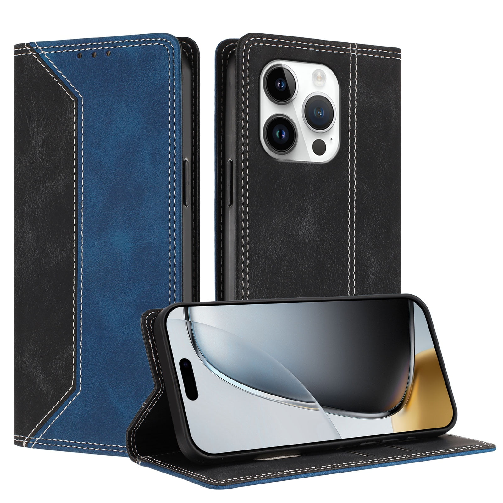 Funda Foxdock Para Iphone 13 Pro Max De Cuero Premium Bicolor Con Ranuras Rfid, Carcasa Tipo Billetera Antigolpes Y Soporte Plegable