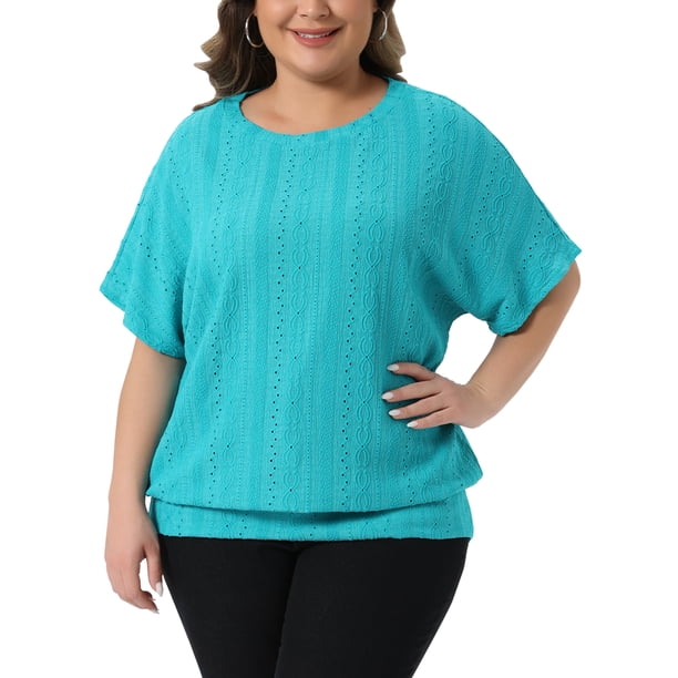 Agnes Orinda Camiseta de Mujer Talla Grande para el Día de San Patricio con Dobladillo de Doble Capa y Ojal, Cuello Redondo, Mangas de Murciélago, Blusas de Verano Casual 1X Verde Lago