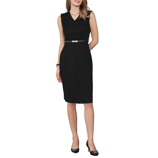INSPIRE CHIC Vestido de Funeral sin Mangas para Mujer 2026 Vestido de Oficina con Cuello en V y Cinturón 2XL Negro