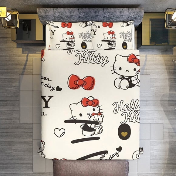 Hello Kitty Pitty Have A Super Great Day 3 Pieces Duvet Cover Set Full Size Super Soft Fade Resistant Microfiber