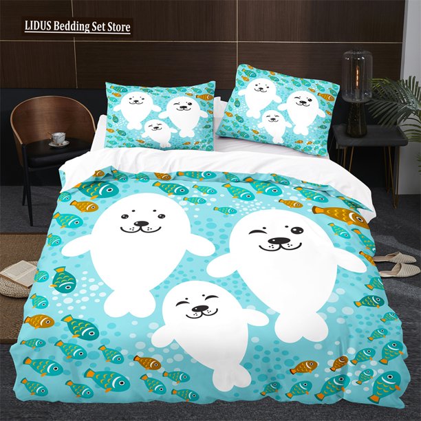 v1244 Bed Sheets Sea Lion Duvet Cover King Queen Size Lovely Ocean Animals Bedding Set For Kids Boys Girls Blue Sea Beach Polyester Quilt Cover 3-Piece Bedding Set (1 Duvet Cover + 2 Pillow Shams) Bed