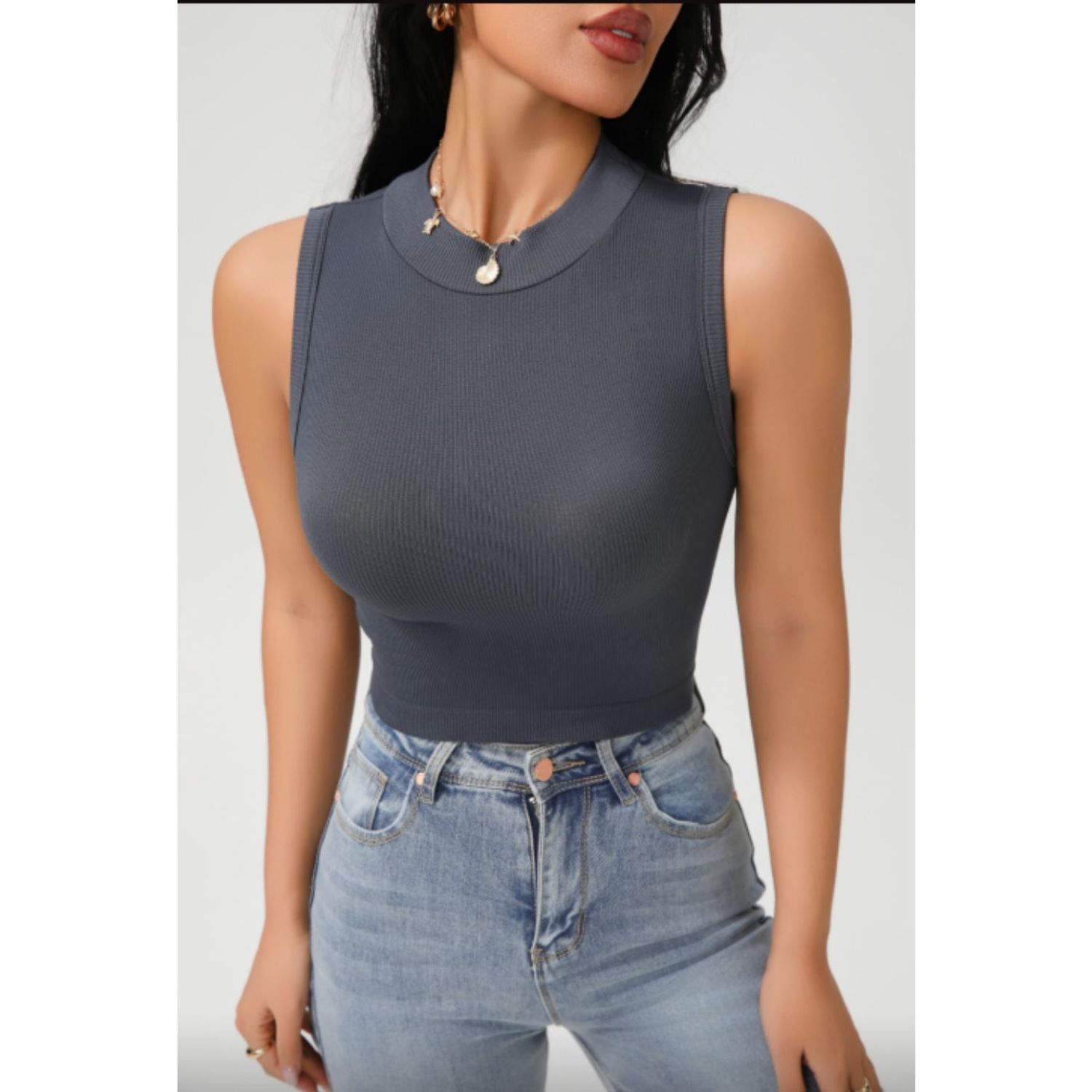 Likeshop - Polera Corta Mujer Top Sin Manga Full Elasticada Cuello Alto 9009
