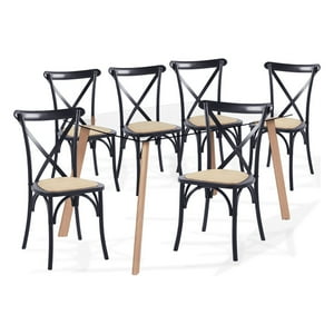 Klik Muebles - Comedor Mesa De Vidrio Nórdica + 6 Sillas Crossback Madera Rattan Negras
