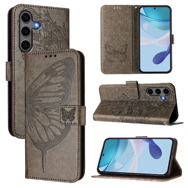 Funda cartera mariposa para Samsung Galaxy S25 Plus con soporte y ranuras para tarjetas Gris