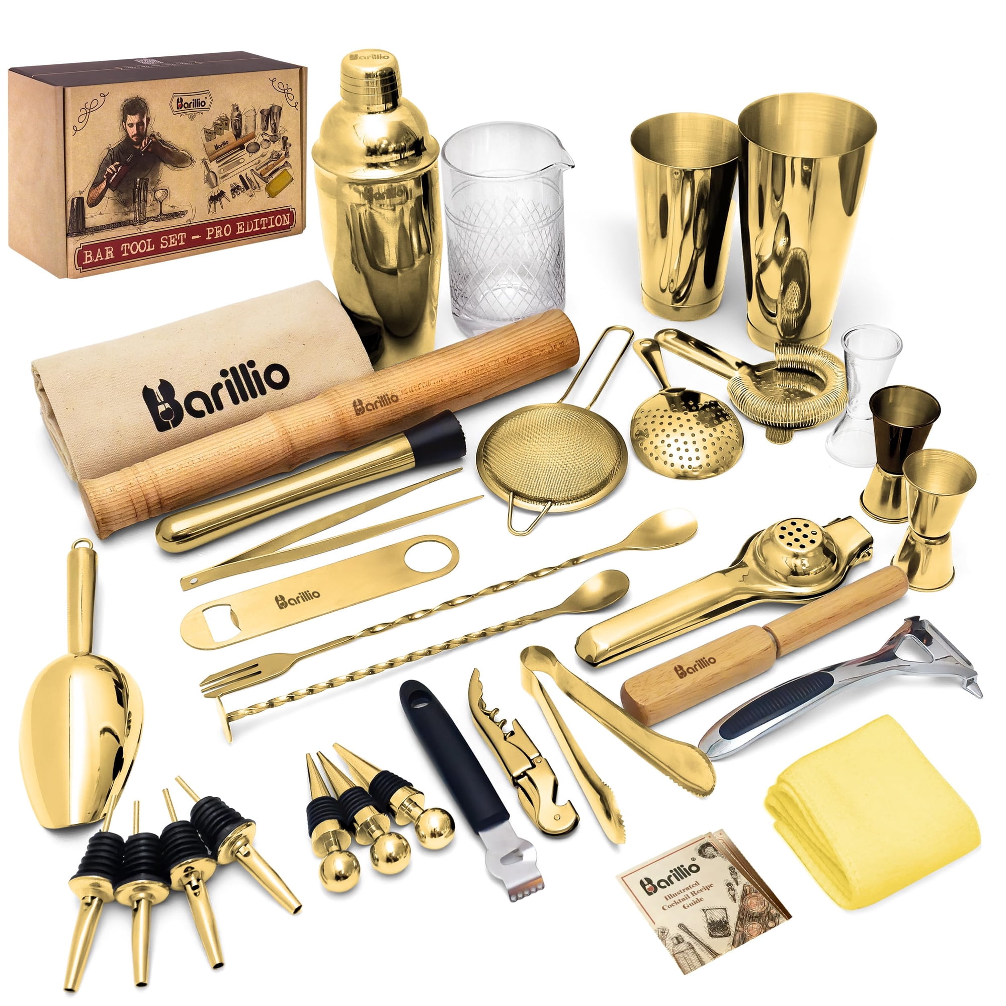 Juego De Herramientas De Bar Barillio Pro Edition Gold, Acero Inoxidable, 32 Piezas