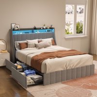 M&Ms - Queen Size Bed Frame With Led, 4 Under-Bed Portable Storage Drawers, Wings Headboard Design, Light Grey