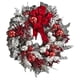thumbnail image 1 of Corona navideña artificial de ratán con nieve flocada, árbol invertido, lazo rojo, cinta, bolas brillantes, decoración navideña para puerta, guirnalda colgante para fiesta, 1 of 5