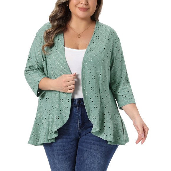Agnes Orinda Cárdigans de Talla Grande para Mujeres para la Escuela y el Día de San Patricio con Volantes, Frente Abierto, Manga 3/4, Tejido de Punto con Ojal, Cubierta Casual 1X Verde