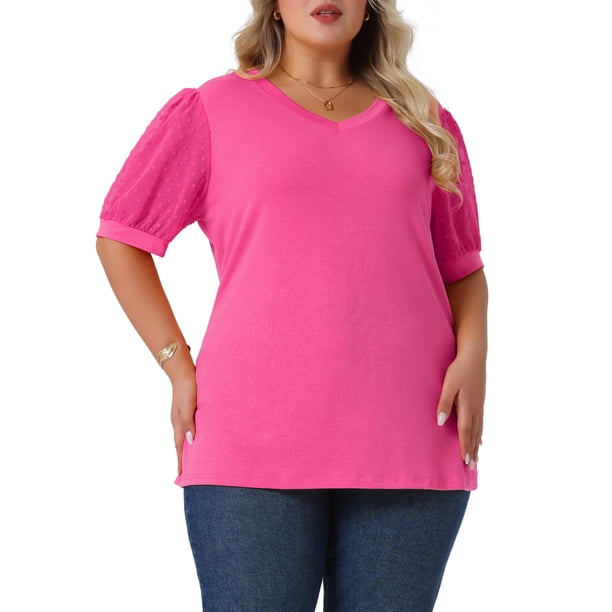 Agnes Orinda Blusas Casuales de Mujer Tallas Grandes Cuello en V con Lunares Suizos y Mangas Abullonadas 3X Rosa Fucsia