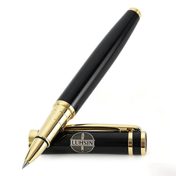 Bolígrafo rollerball LUHSIN premium negro lacado con detalles dorados, 0.5 mm