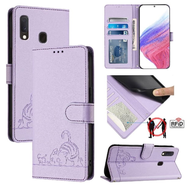 Funda tipo cartera FOXDOCK para Samsung Galaxy A20E/A10E con soporte, ranuras, RFID, diseño de gato