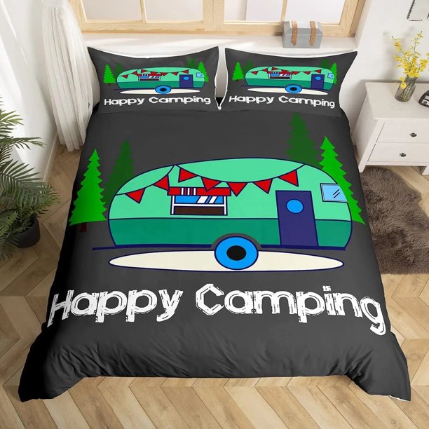 v421 Bed Sheets Happy Camping Duvet Cover Rustic Farmhouse Camper RV Bedding Set King Starry Night Comforter Cover Adventure Theme Quilt Cover 3-Piece Bedding Set (1 Duvet Cover + 2 Pillow Shams) Bed