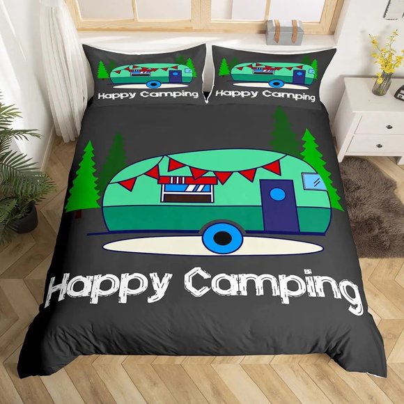 v421 Bed Sheets Happy Camping Duvet Cover Rustic Farmhouse Camper RV Bedding Set King Starry Night Comforter Cover Adventure Theme Quilt Cover 3-Piece Bedding Set (1 Duvet Cover + 2 Pillow Shams) Bed