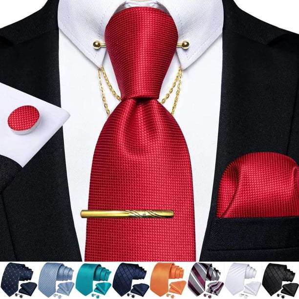 Corbatas Seda + Pin Cadena + Clip Dorado + Paño + Colleras rojo Talla Única