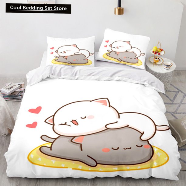 Lovely Peach Cat Bedding Set Cartoon Comforter Sets Double Twin Full Size Duvet Cover Set Kids Girls White Bed Linen Bed Sheets