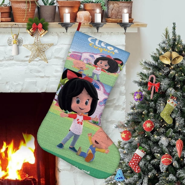 Cleo y Cuquín Tema: Calcetines de Navidad, fino lino blanco para colgar en escaleras y chimenea, decoración navideña para el hogar, regalo de Navidad. 45cm × 32cm