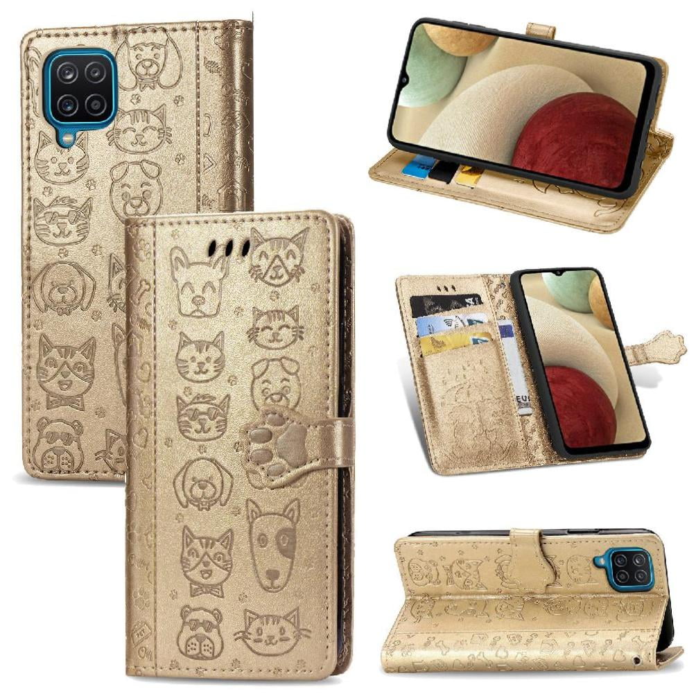 Funda Cartera Foxdock Para Samsung Galaxy A12 , Flip Pu Con Relieve De Gatos Y Perros, Tarjetero Y Soporte
