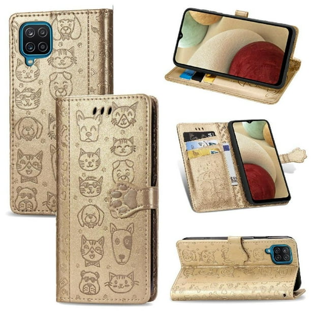 Funda Cartera FOXDOCK para Samsung Galaxy A12 , Flip PU con Relieve de Gatos y Perros, Tarjetero y Soporte