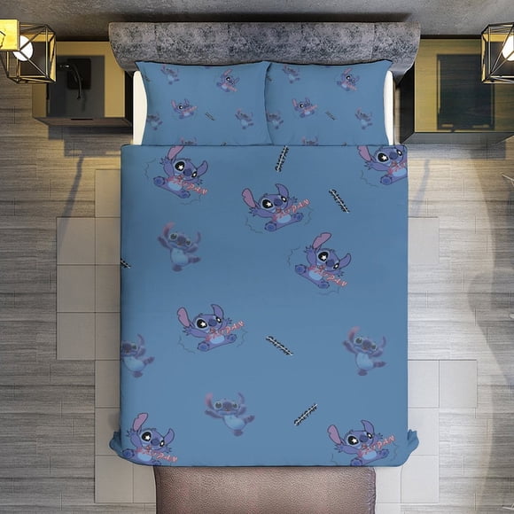3 Pieces Cartoon Stitch Bedding Comforter Set Full with 2 Pillowcases for Kids Teens Girls Women Microfiber Easy Wash Light Breathable Cozy White Base Bed Sheets