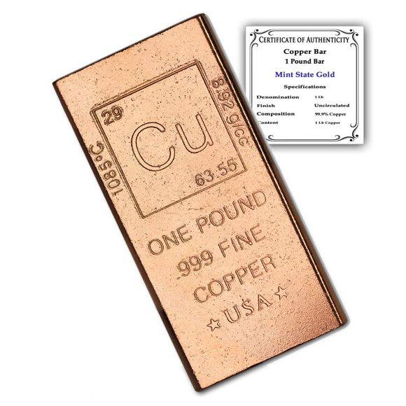 Barra de cobre de 1 lb (454 g) .999 puro – Mint State Gold