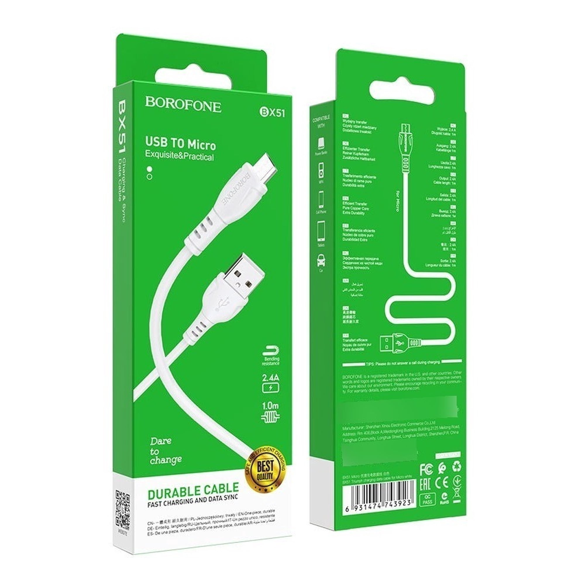 Cable De Dato Borofone Tipo Usb Micro V8 A Usb Bx51 Color Blanco