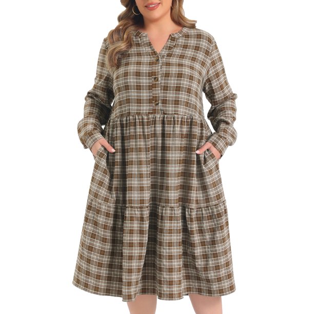 GRACIA Y GRANDEZA Disfraces de Halloween Vestidos de Mujer Tallas Grandes Vestido de Línea A a Cuadros con Botones en el Frente Cuello con Muesca Manga Larga Vestidos Casuales con Bolsillos 1X Marrón