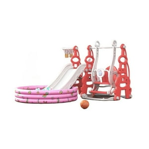 Babyluna - Resbalín Columpio Y Piscina Pelotas Con Aro Baloncesto Rojo